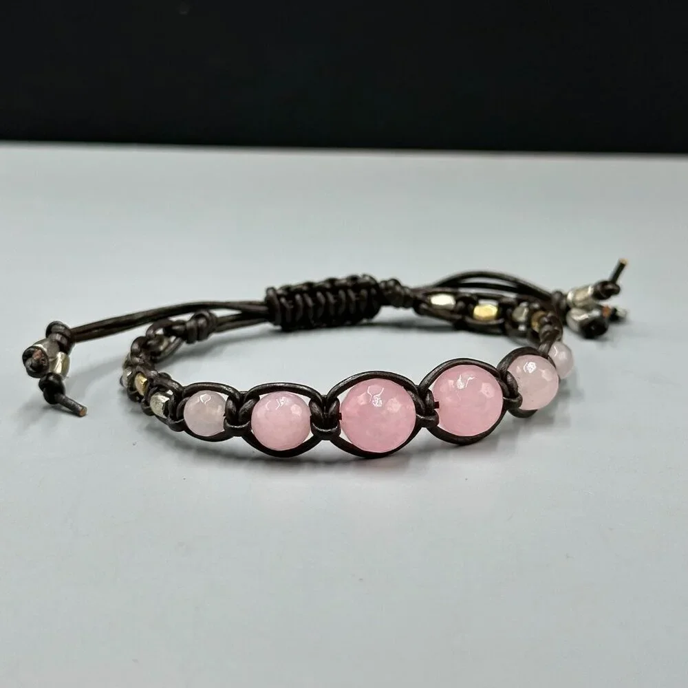 Lucky Brand Pink Rose Quartz Beaded Brown Leather Bracelet Adjustable Cord